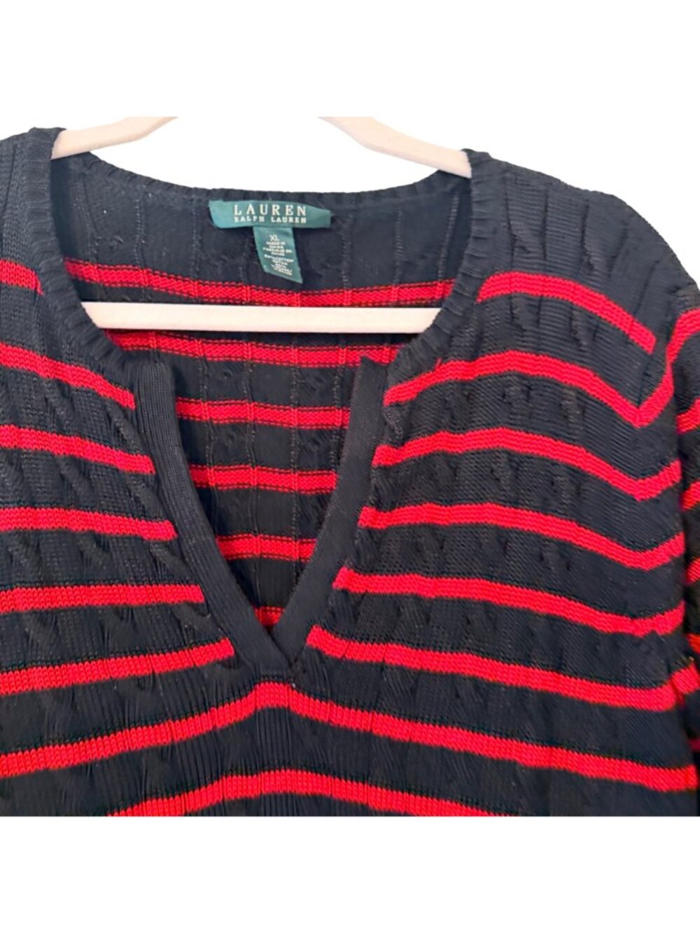 Lauren Ralph Lauren Black & Red Striped V-Neck Sweater XL Cotton Viscose Blend - Picture 4 of 12